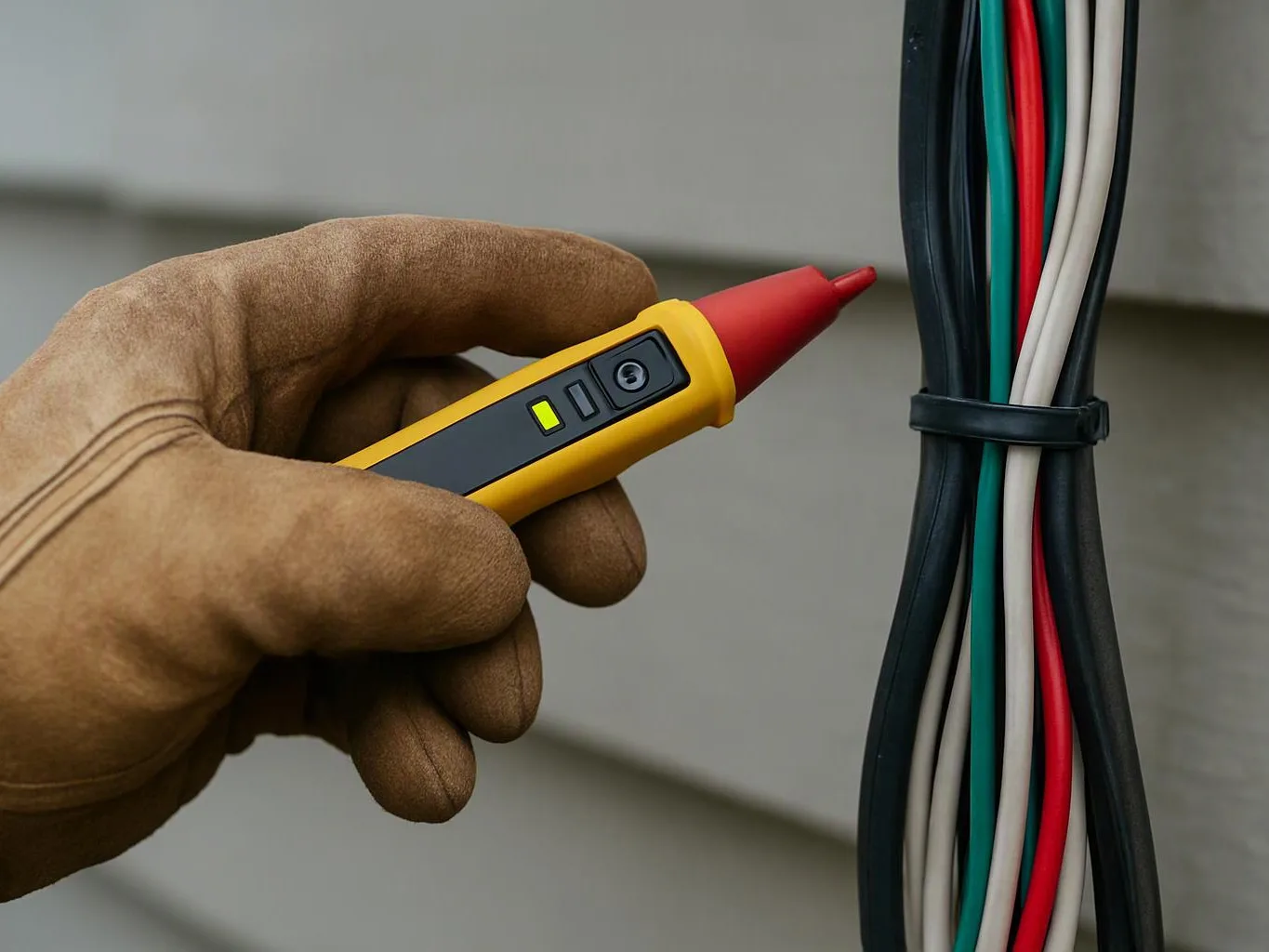 A gloved hand holds a voltage tester near bundled electrical wires against a gray wall