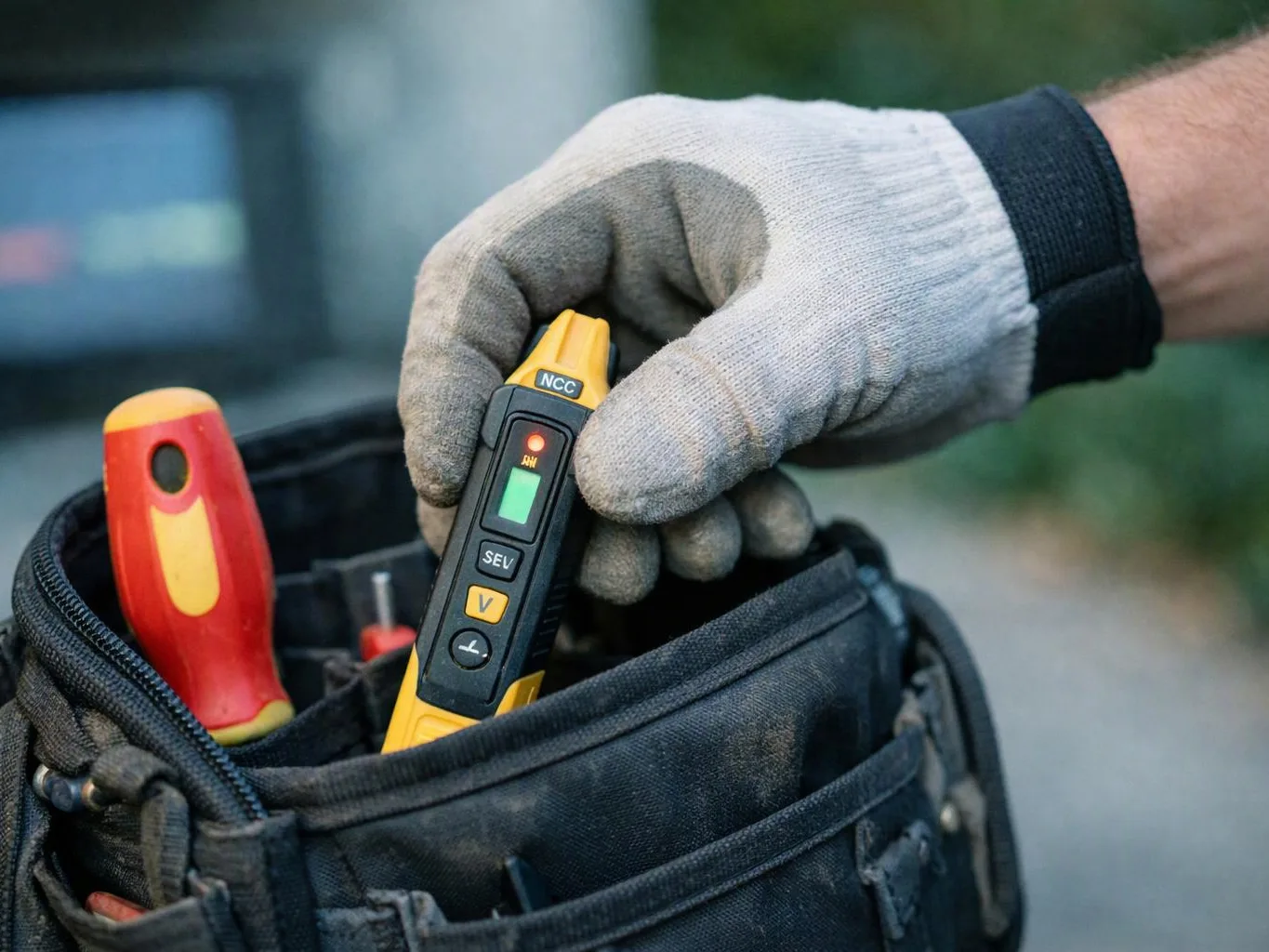 A gloved hand holds a yellow electrical tester above a black tool bag beside a red screwdriver