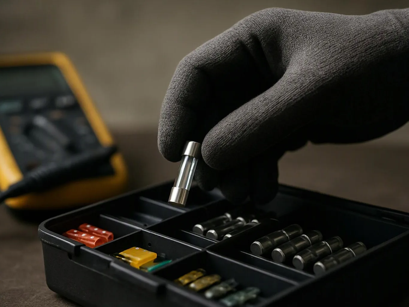 A gloved hand lifts a glass fuse from a compartmented toolbox beside other fuses and a blurred meter
