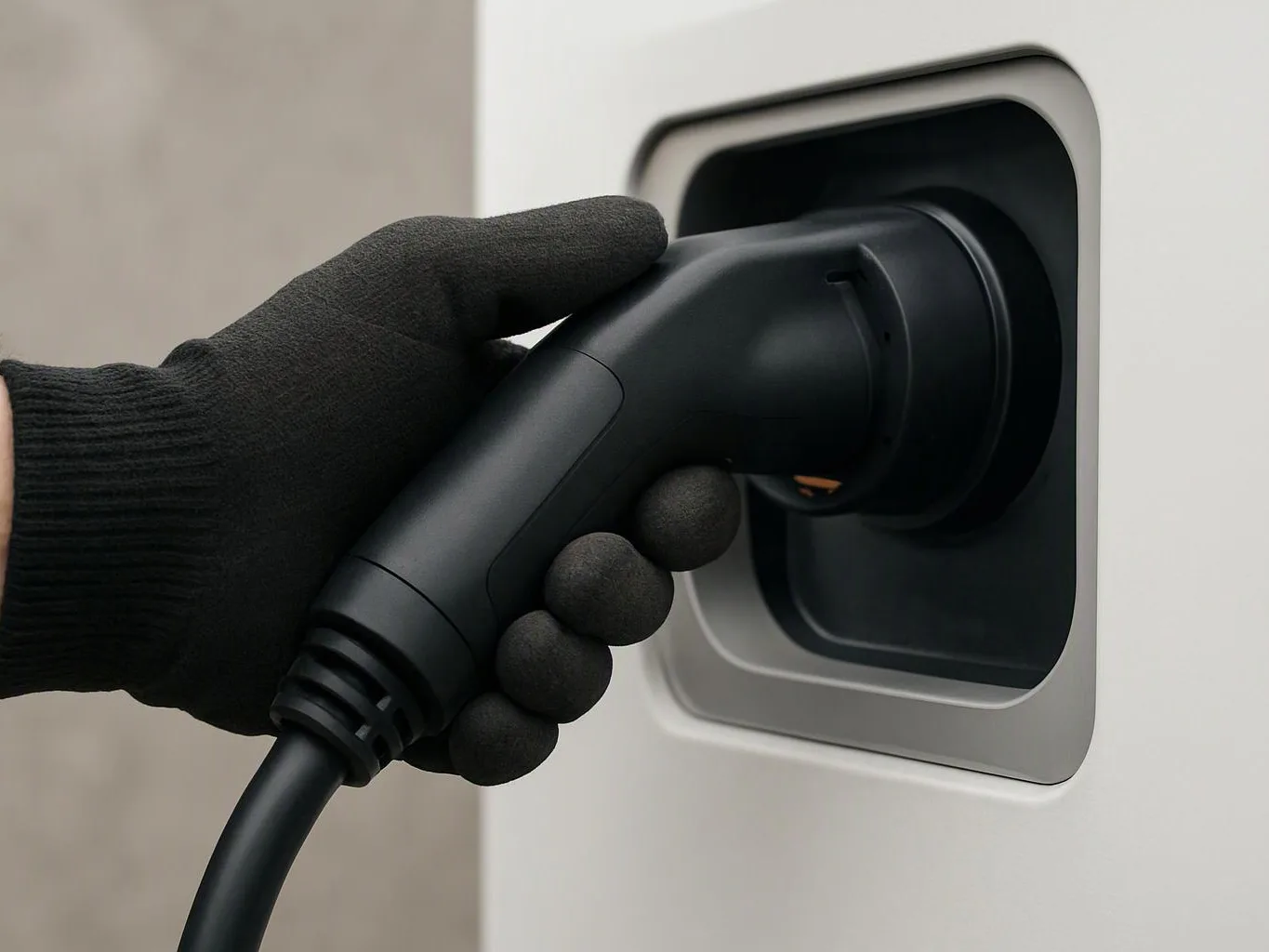 A gloved hand plugs a black charging cable into a white electric vehicle charging port