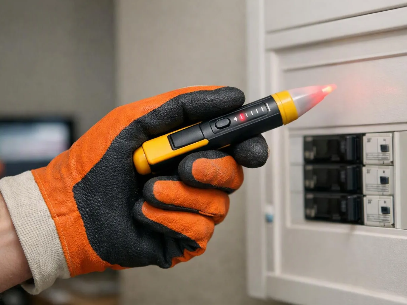 A gloved hand points a lit voltage tester at an electrical breaker panel indoors