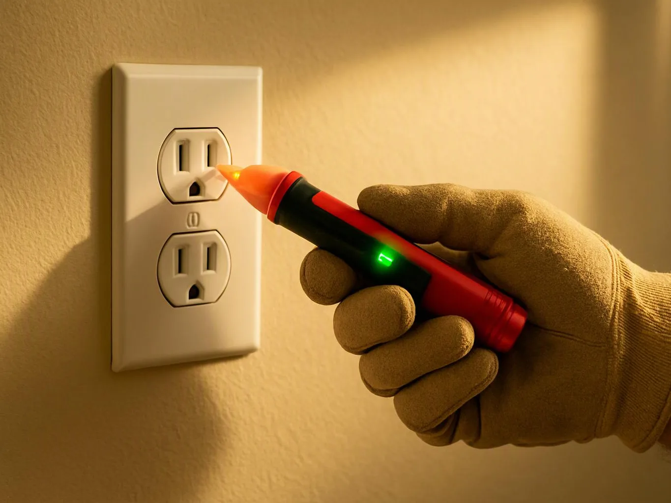 A gloved hand tests a wall outlet with a glowing voltage pen in warm indoor light