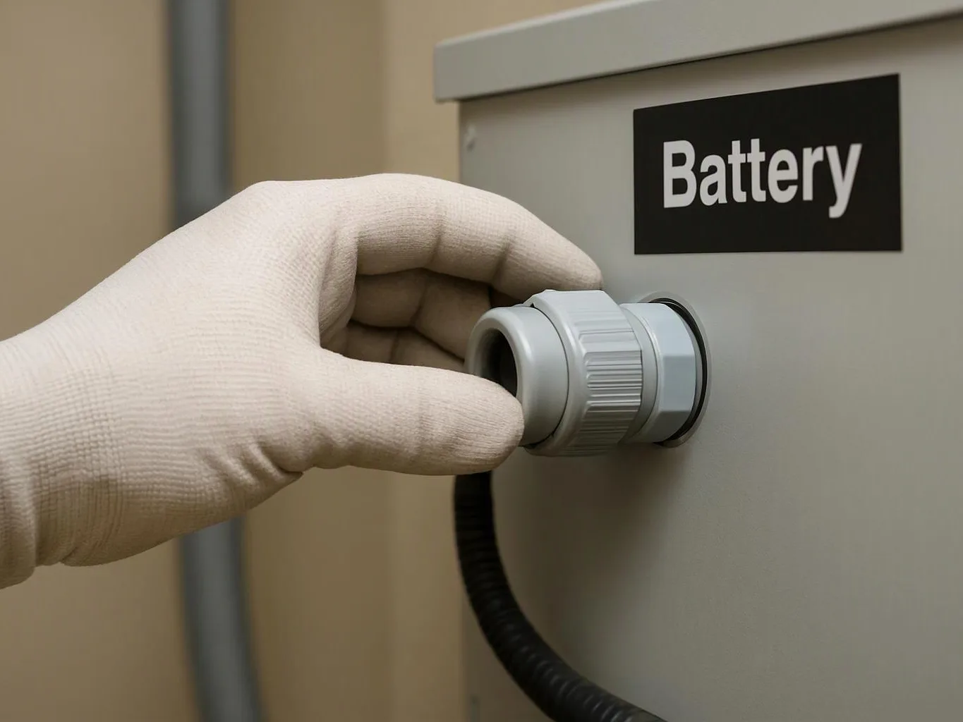 A gloved hand twists a cable connector into a gray box labeled Battery