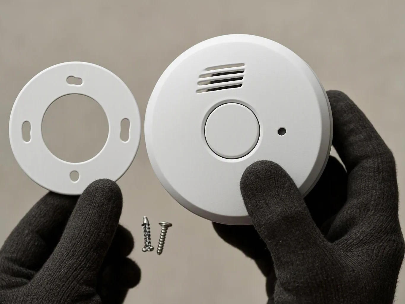 Gloved hands hold a round white smoke detector and its mounting plate with two screws against a plain wall