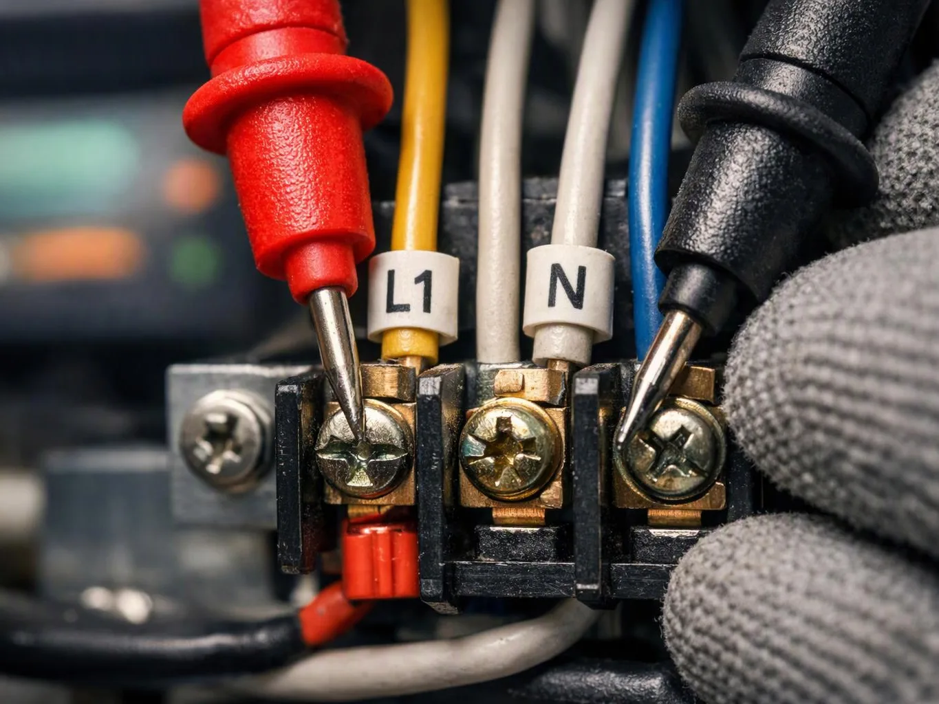 Gloved hands test electrical terminals with red and black probes on labeled wires in a close-up panel