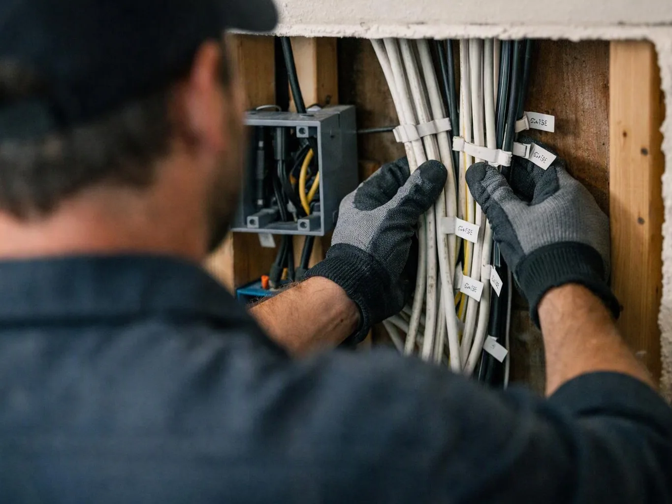 A gloved technician sorts labeled electrical cables inside an open wall cavity