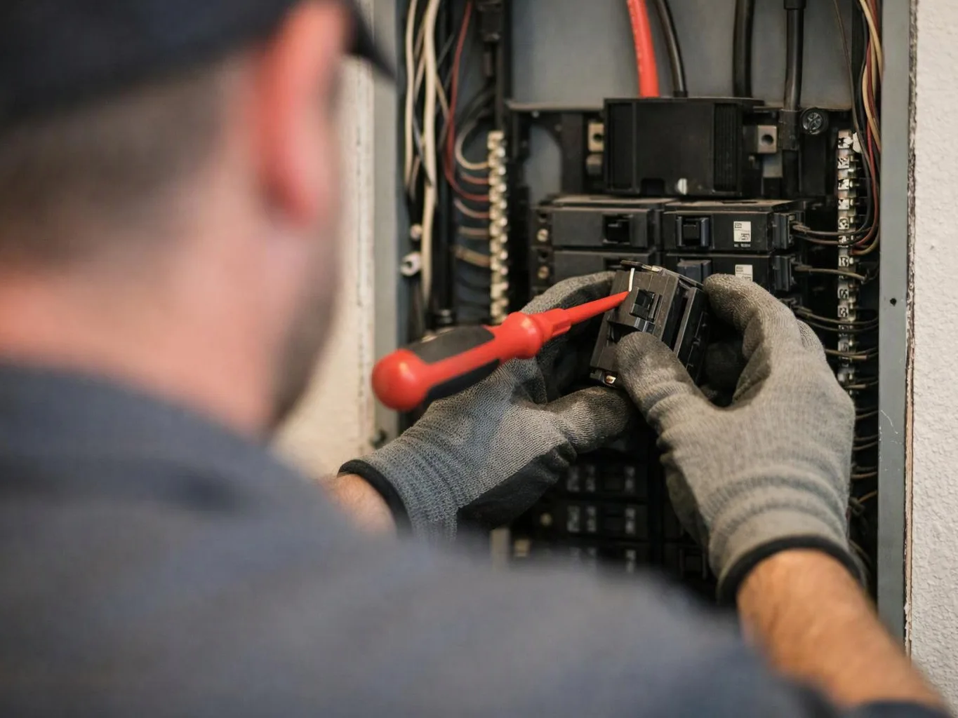 A gloved worker tightens an electrical breaker inside an open panel with a red screwdriver