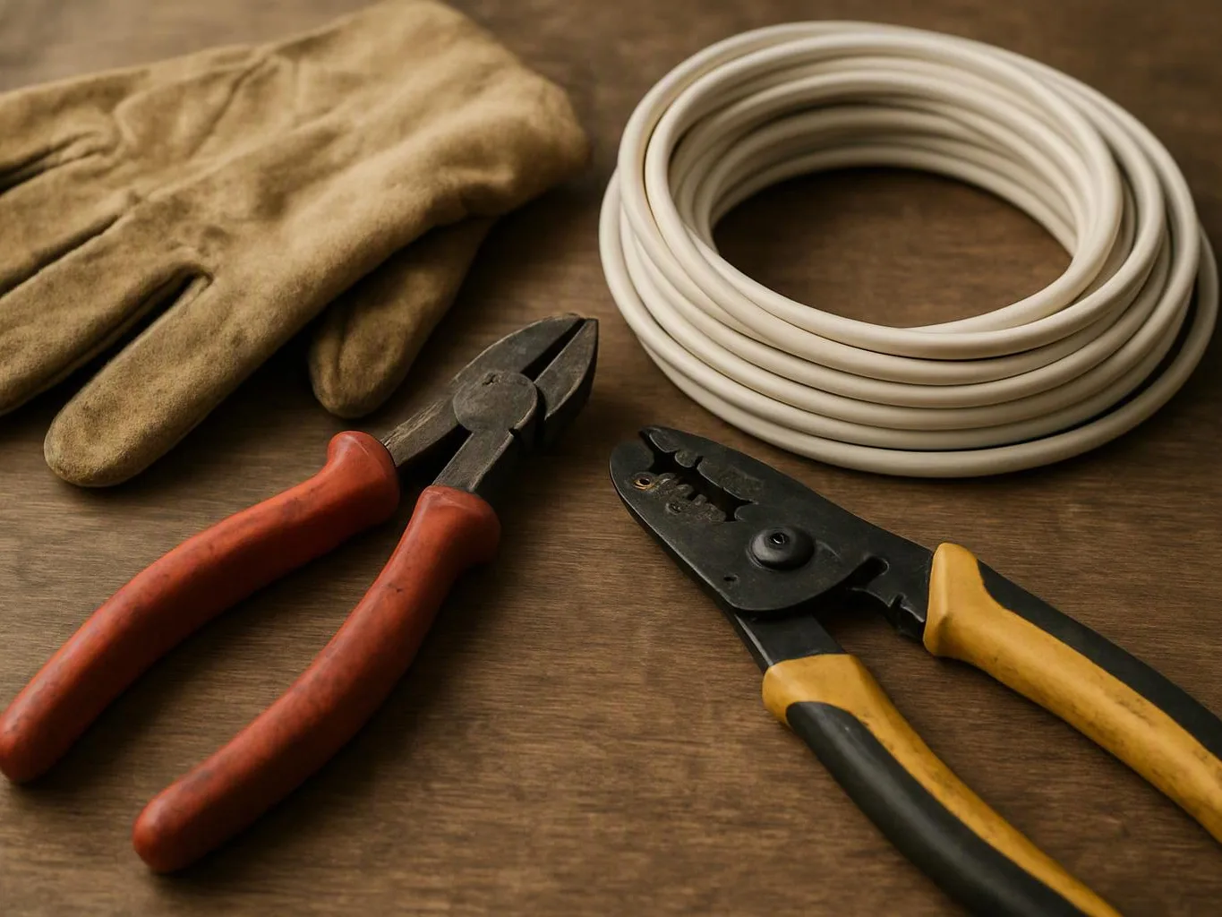 Gloves, pliers, and a coiled white cable lie on a wooden work surface