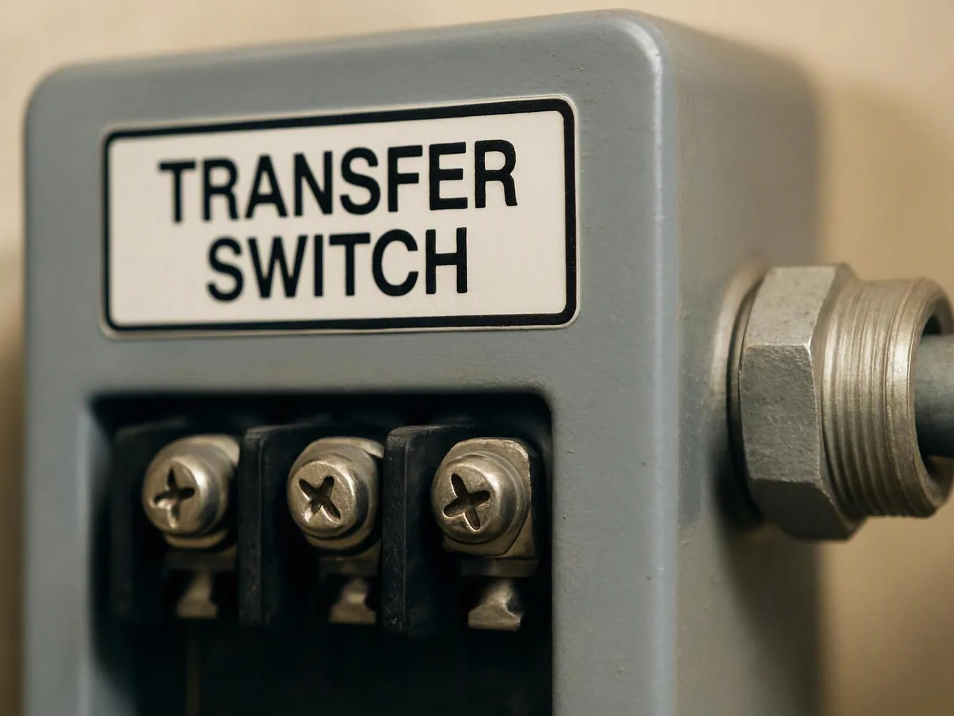 A gray electrical transfer switch with labeled terminals and a metal conduit fitting sits against a beige wall