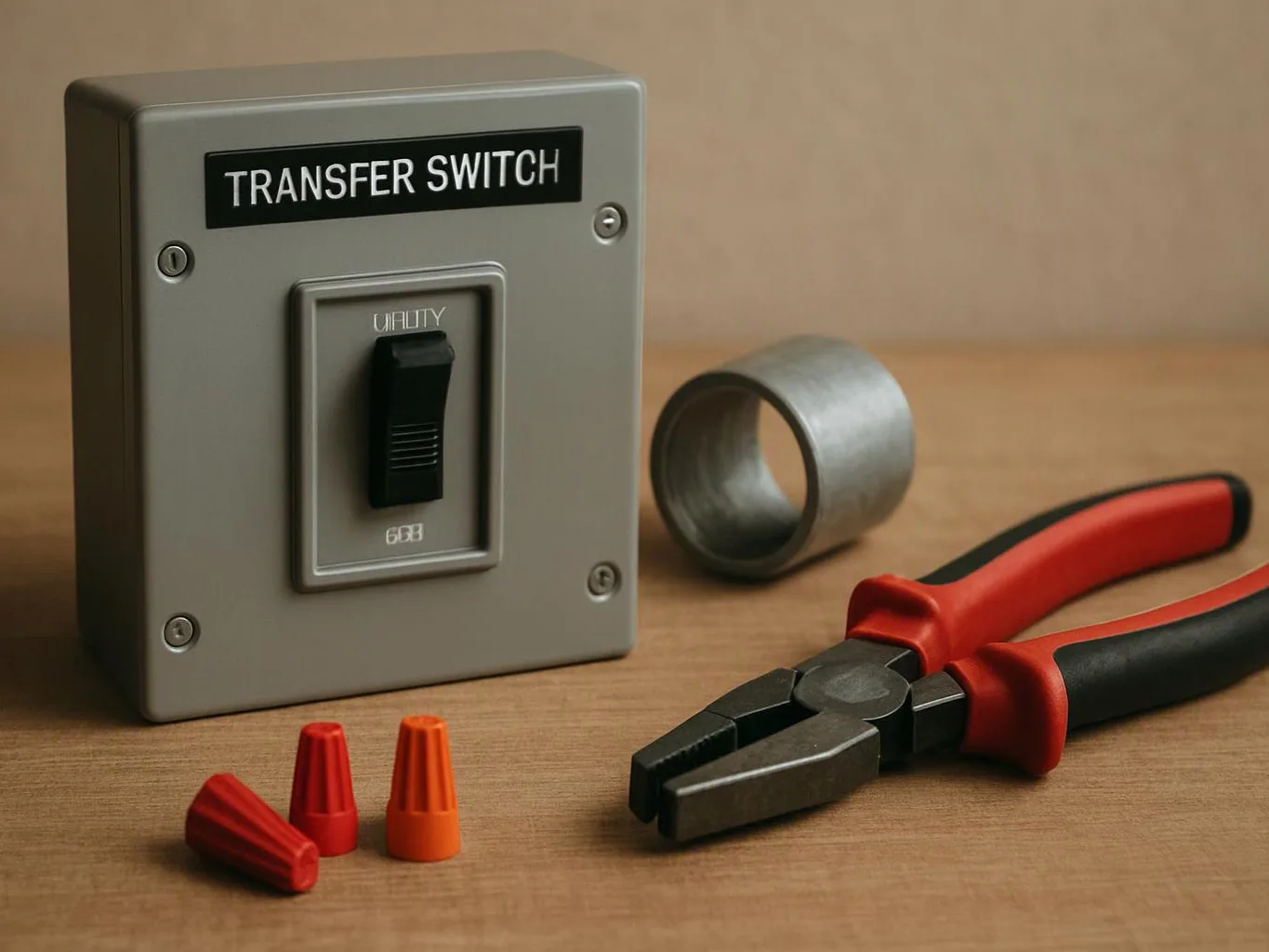 A gray transfer switch sits on a wooden table beside pliers, wire caps, and a metal sleeve