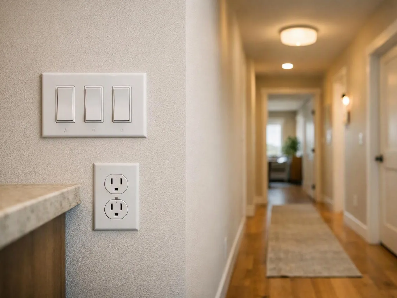 A hallway wall shows three light switches and an outlet beside a countertop, with a softly lit corridor beyond