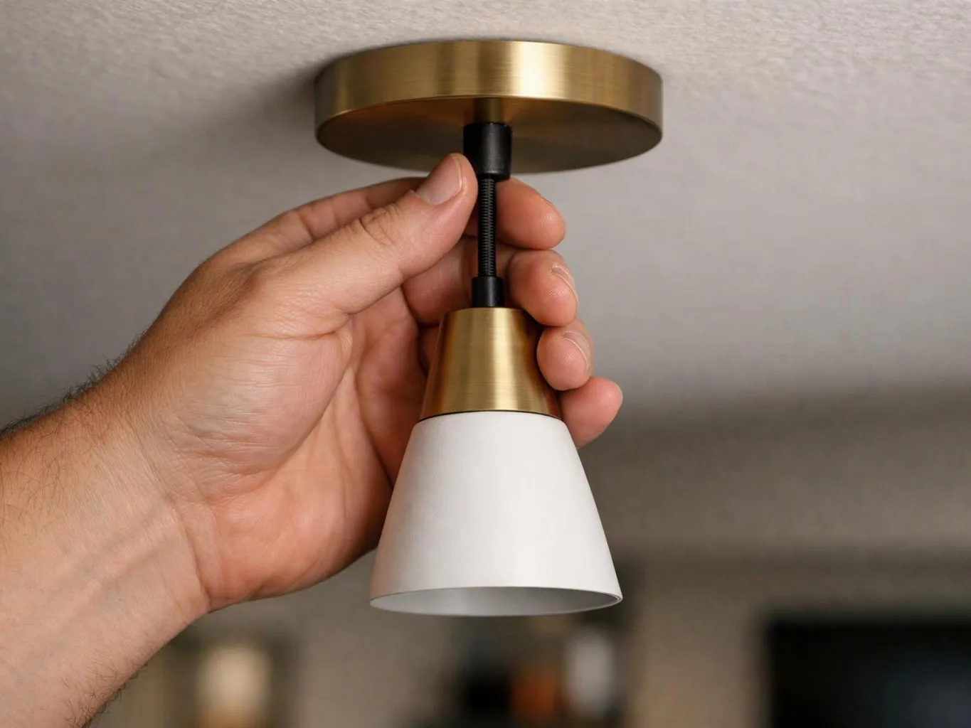 A hand adjusts a small brass and white ceiling light against a blurred indoor background