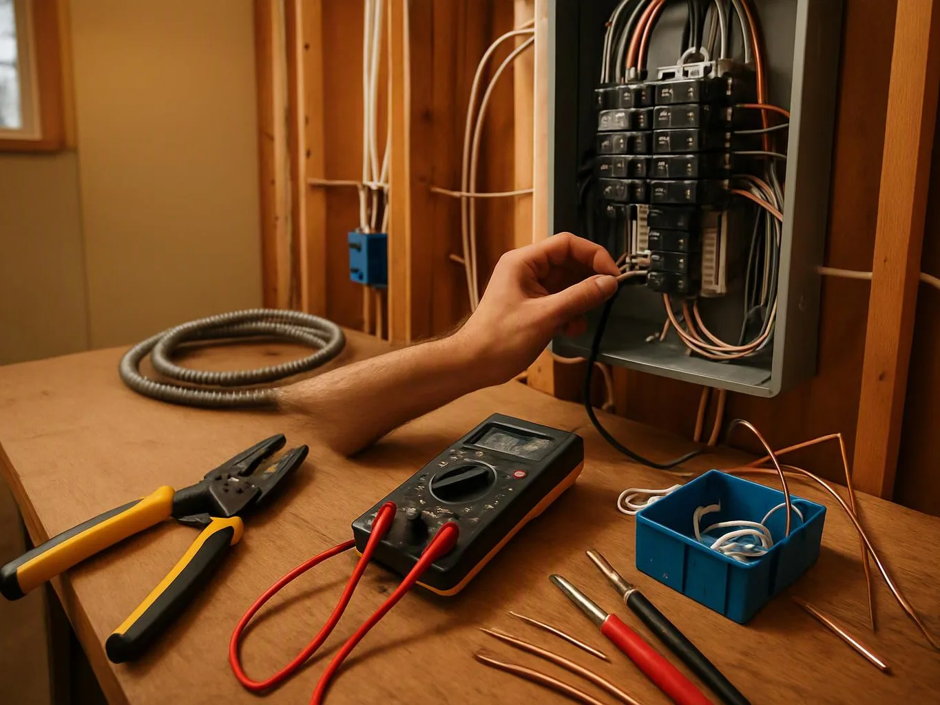 A hand connects wires inside an open electrical panel, with tools and cable boxes on a wooden workbench