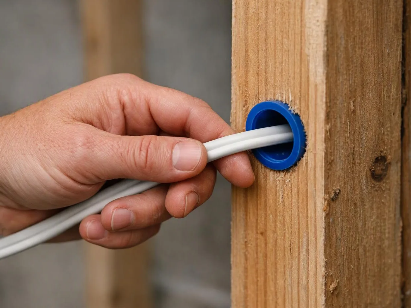 A hand feeds white electrical cable through a blue grommet in a wooden stud