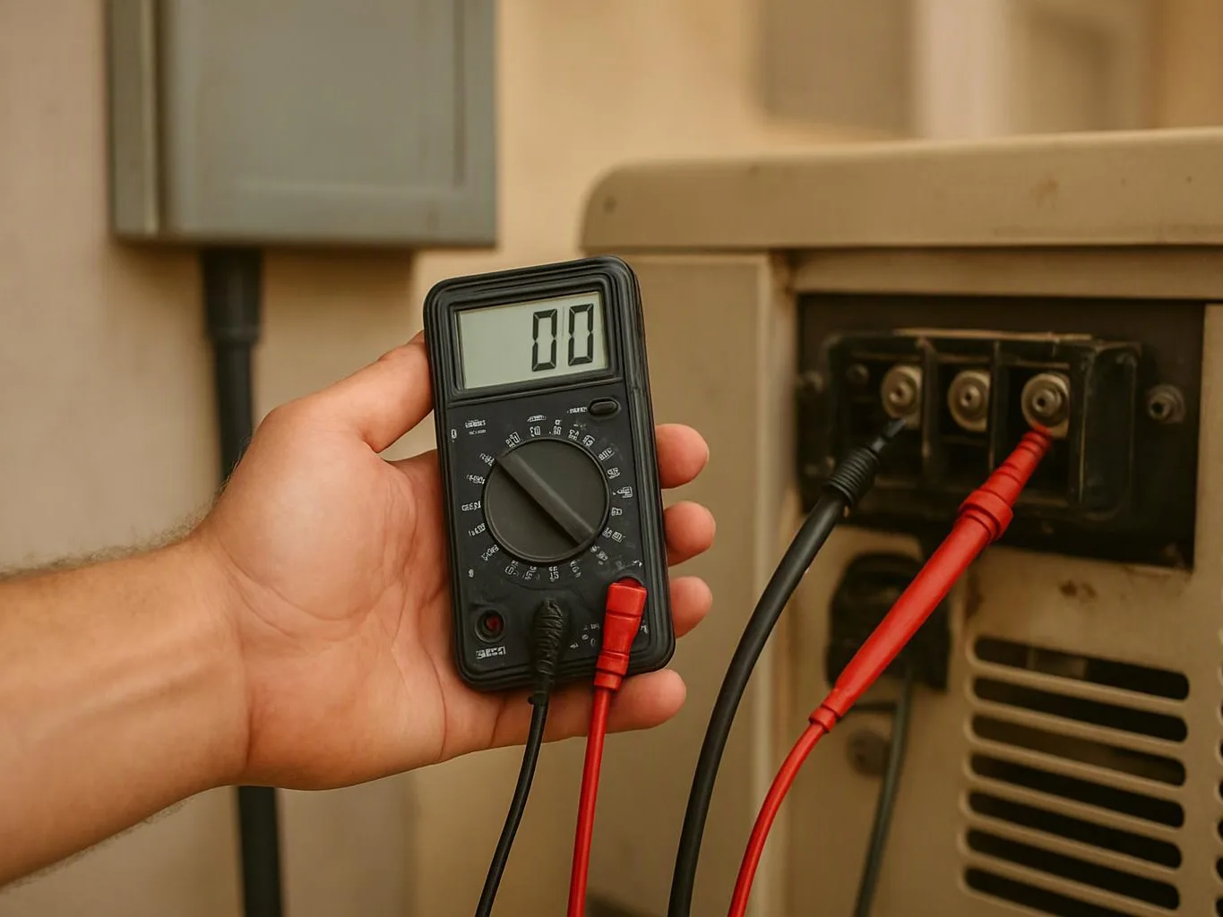 A hand holds a digital multimeter beside an electrical unit with red and black probes attached