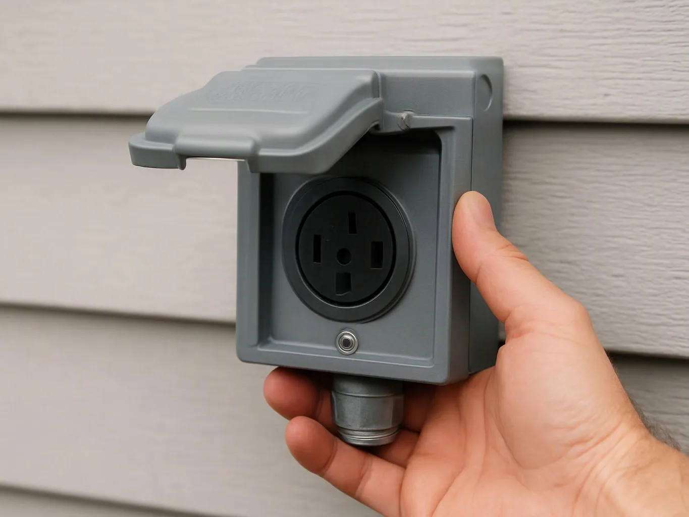A hand holds open a gray outdoor outlet box mounted on siding, showing a black electrical socket