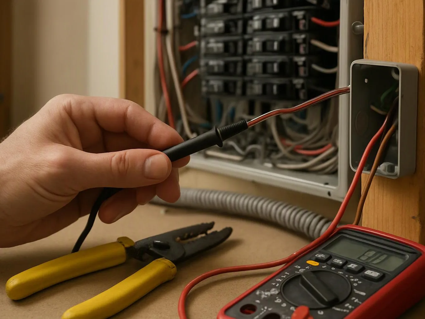 A hand holds a probe near exposed wiring in an electrical panel, with pliers and a multimeter on the floor