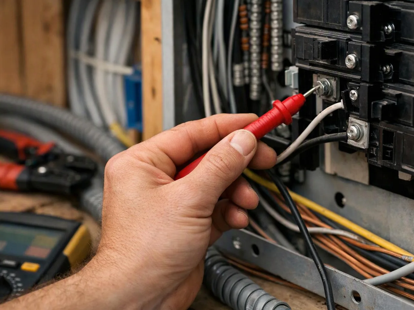 A hand holds a red test probe against an electrical breaker panel with wires and cables exposed