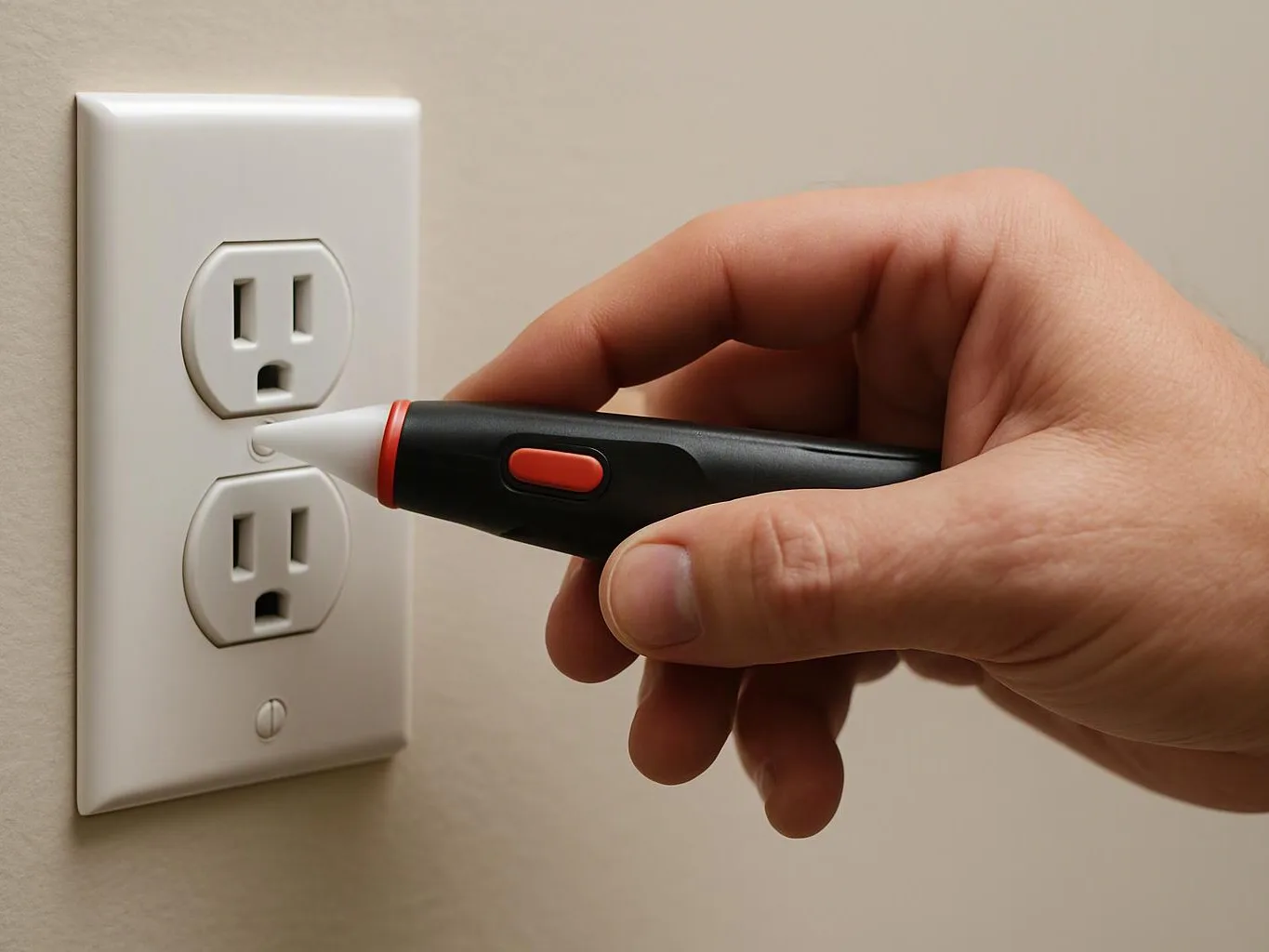 A hand holds a voltage tester near a wall outlet on a beige wall