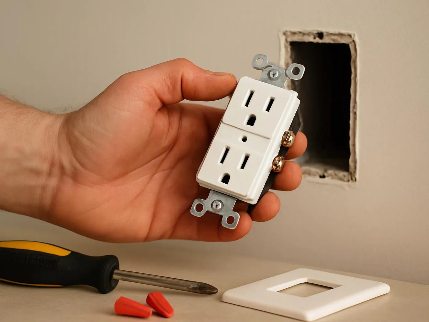 A hand holds a white electrical outlet near a wall opening, with a screwdriver and wire nuts below