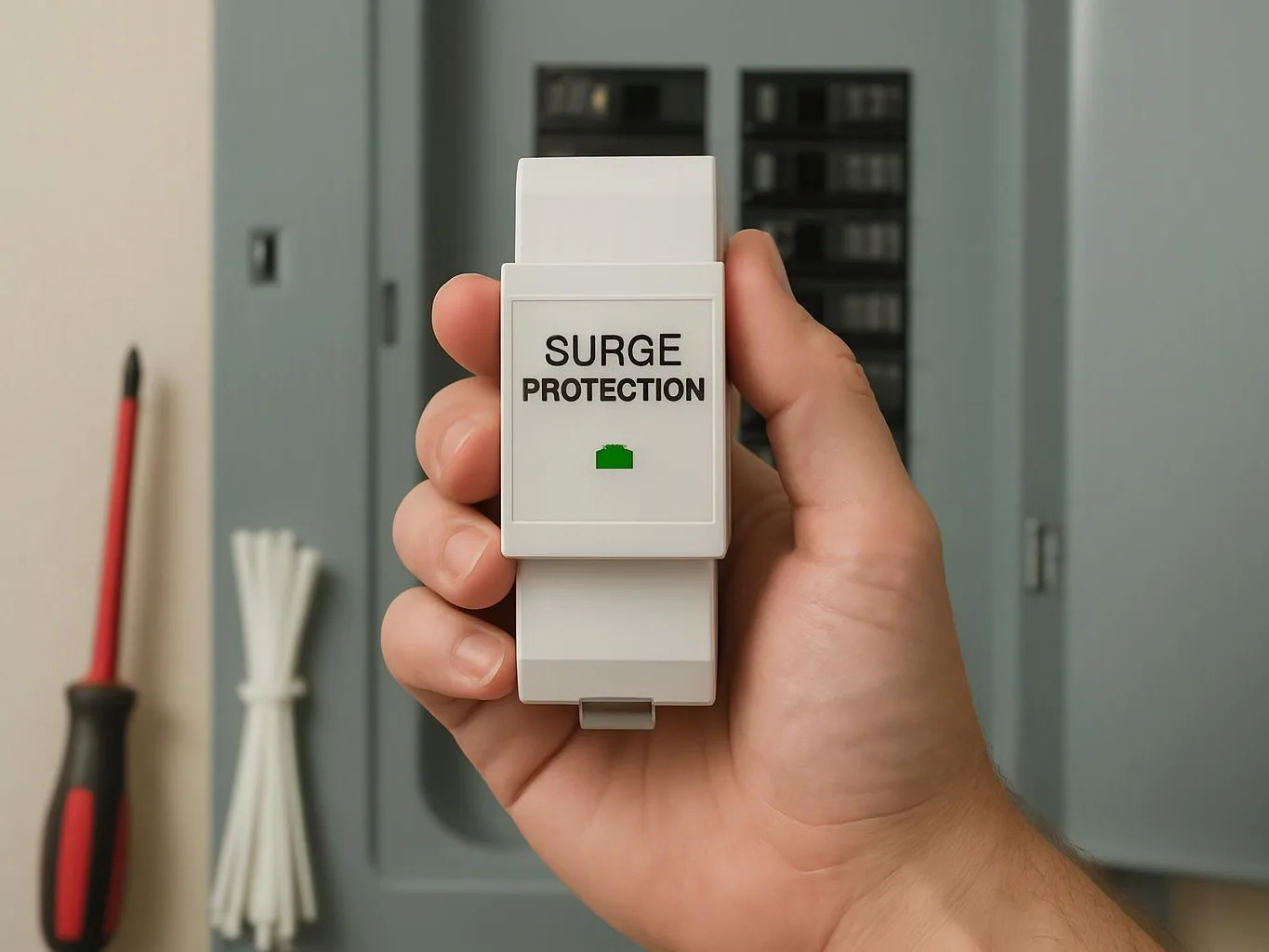 A hand holds a white surge protection device in front of an electrical panel room
