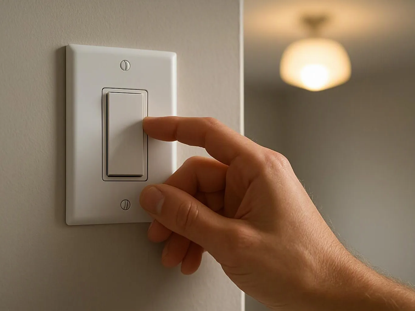 A hand presses a white wall light switch in a softly lit room