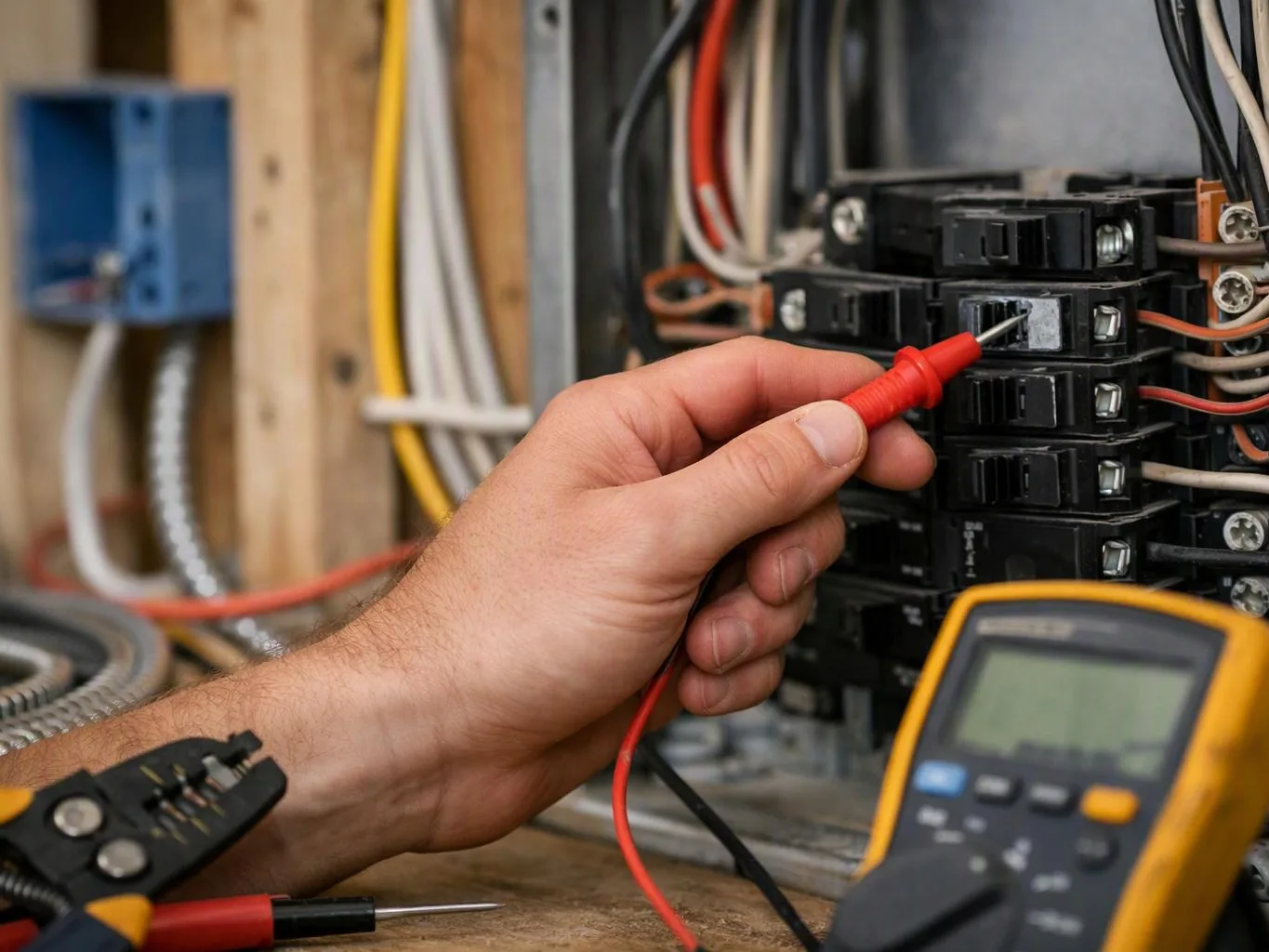 A hand tests an electrical breaker panel with a red probe beside a digital meter and loose tools