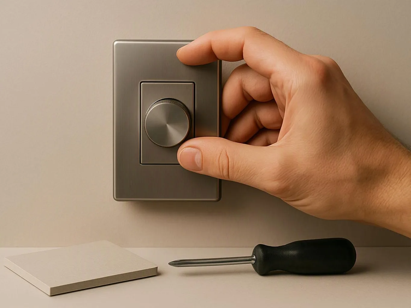 A hand turns a silver wall dimmer switch beside a screwdriver and loose cover plate on a plain surface