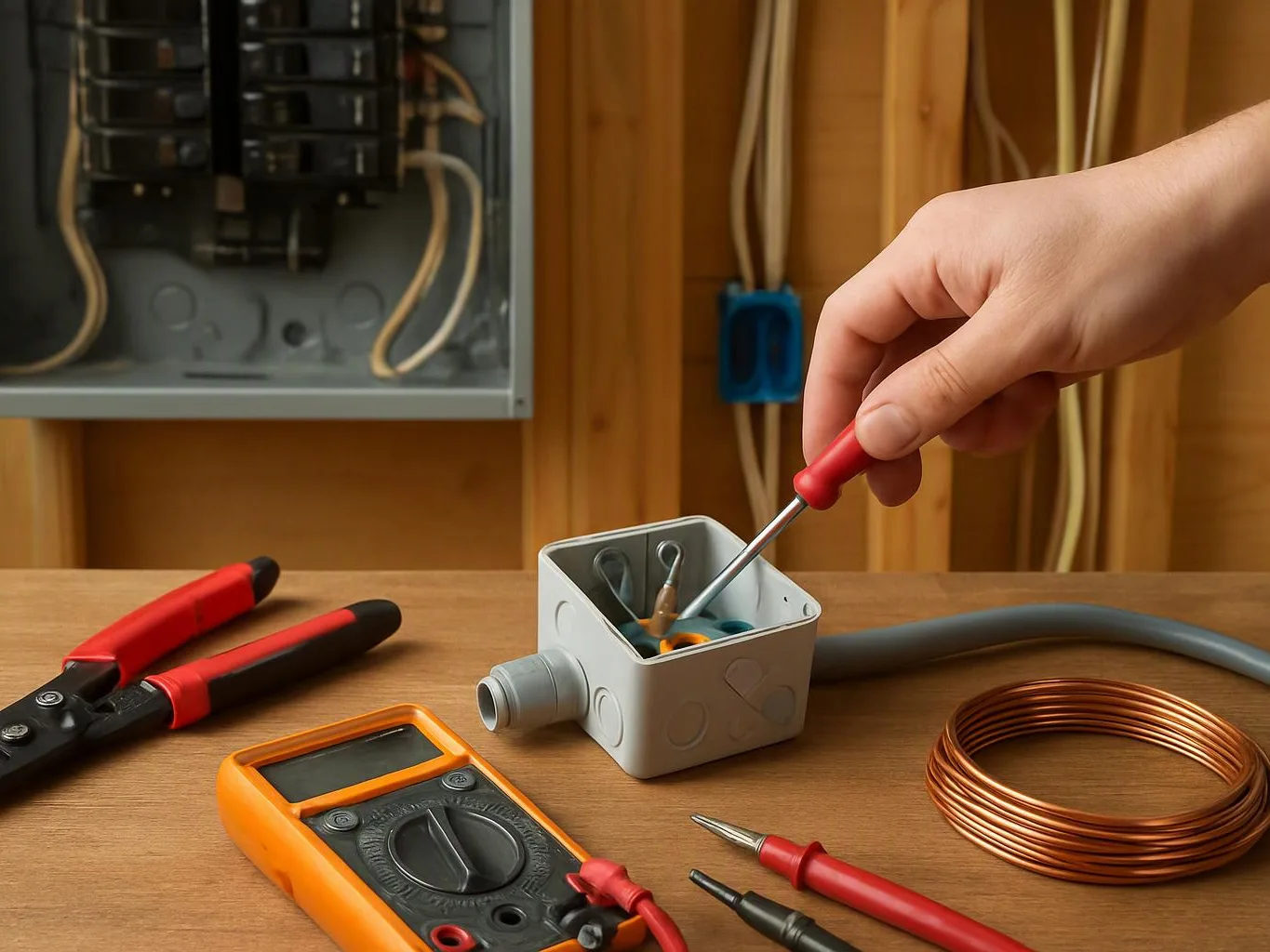 A hand uses a screwdriver to work inside an electrical junction box on a wooden workbench with tools and copper wire