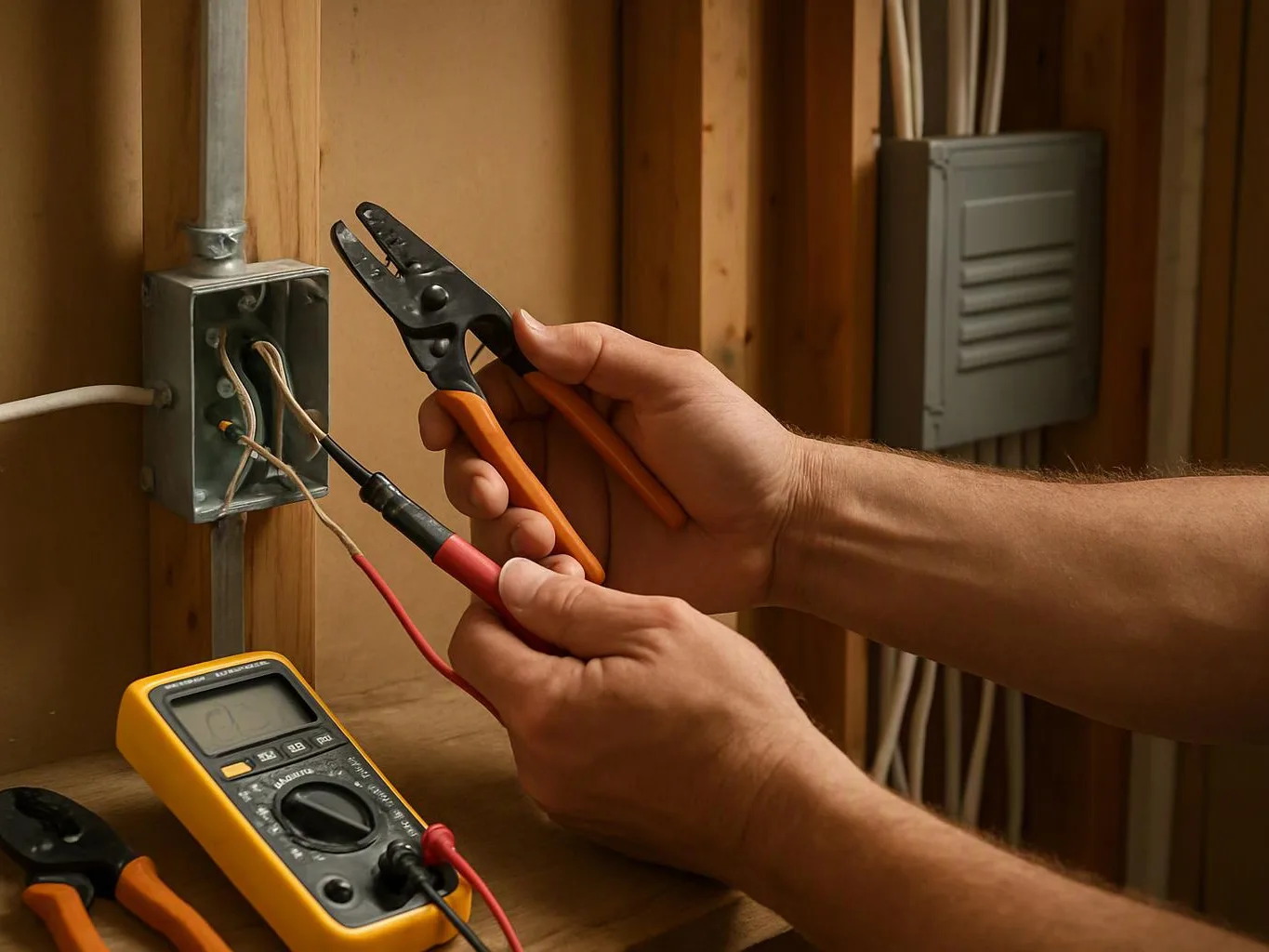 Hands hold wire strippers and a multimeter near an open electrical box inside unfinished walls