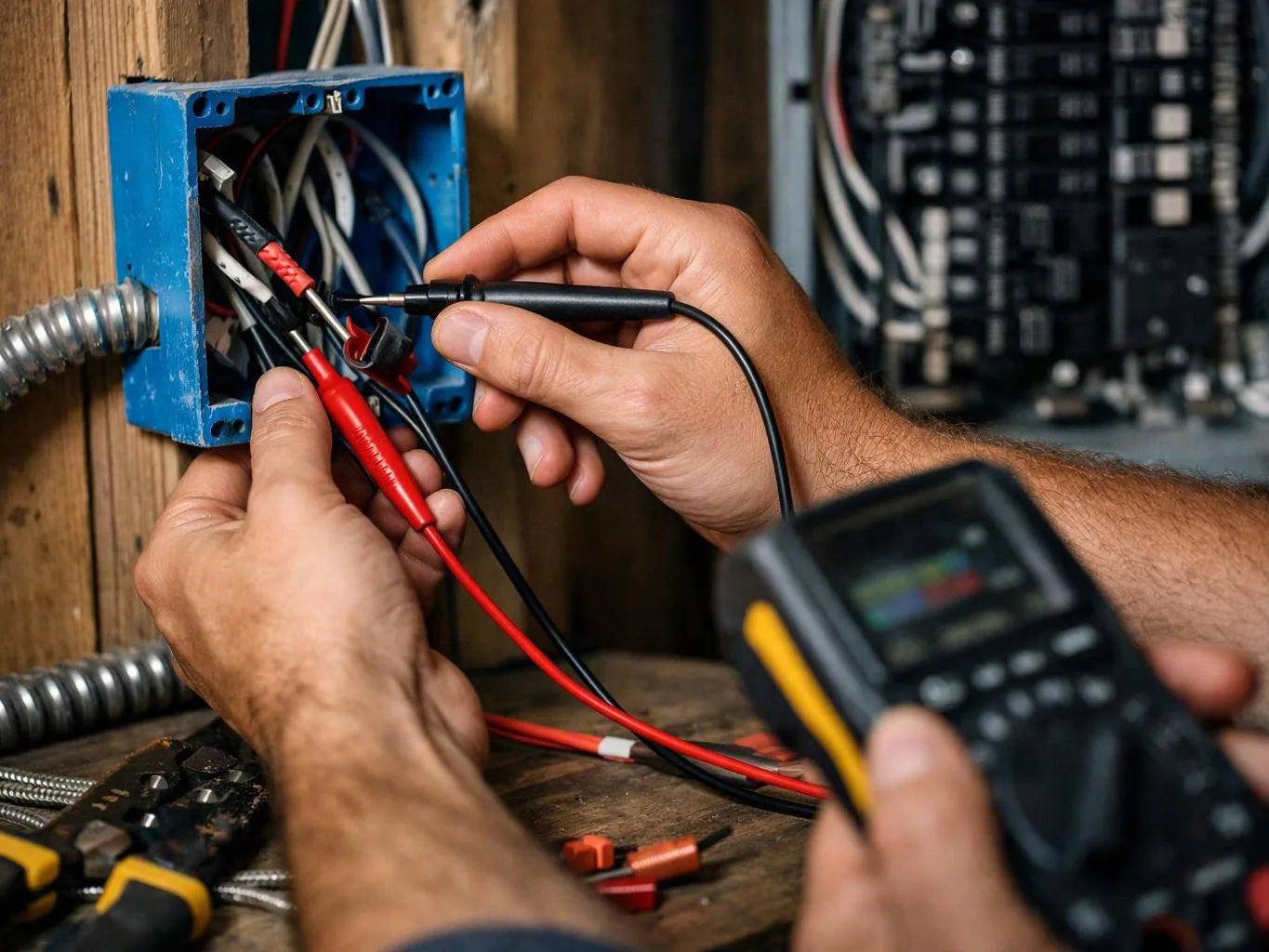 Hands test wires inside a blue electrical box with a multimeter in a workshop