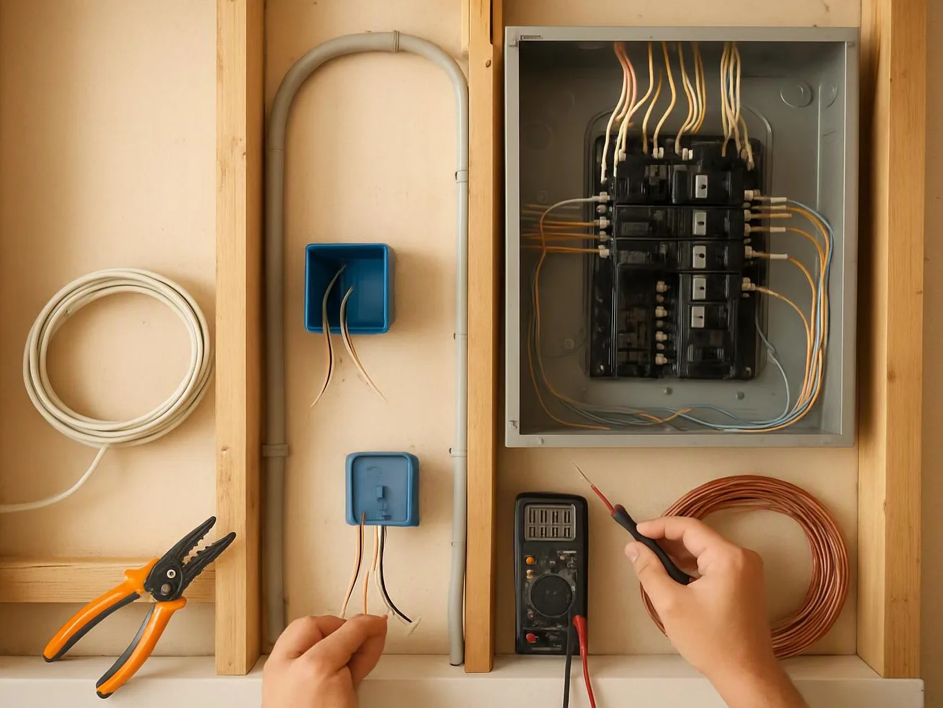 Hands test wiring beside an open breaker panel, coiled cables, and electrical tools on a wall frame