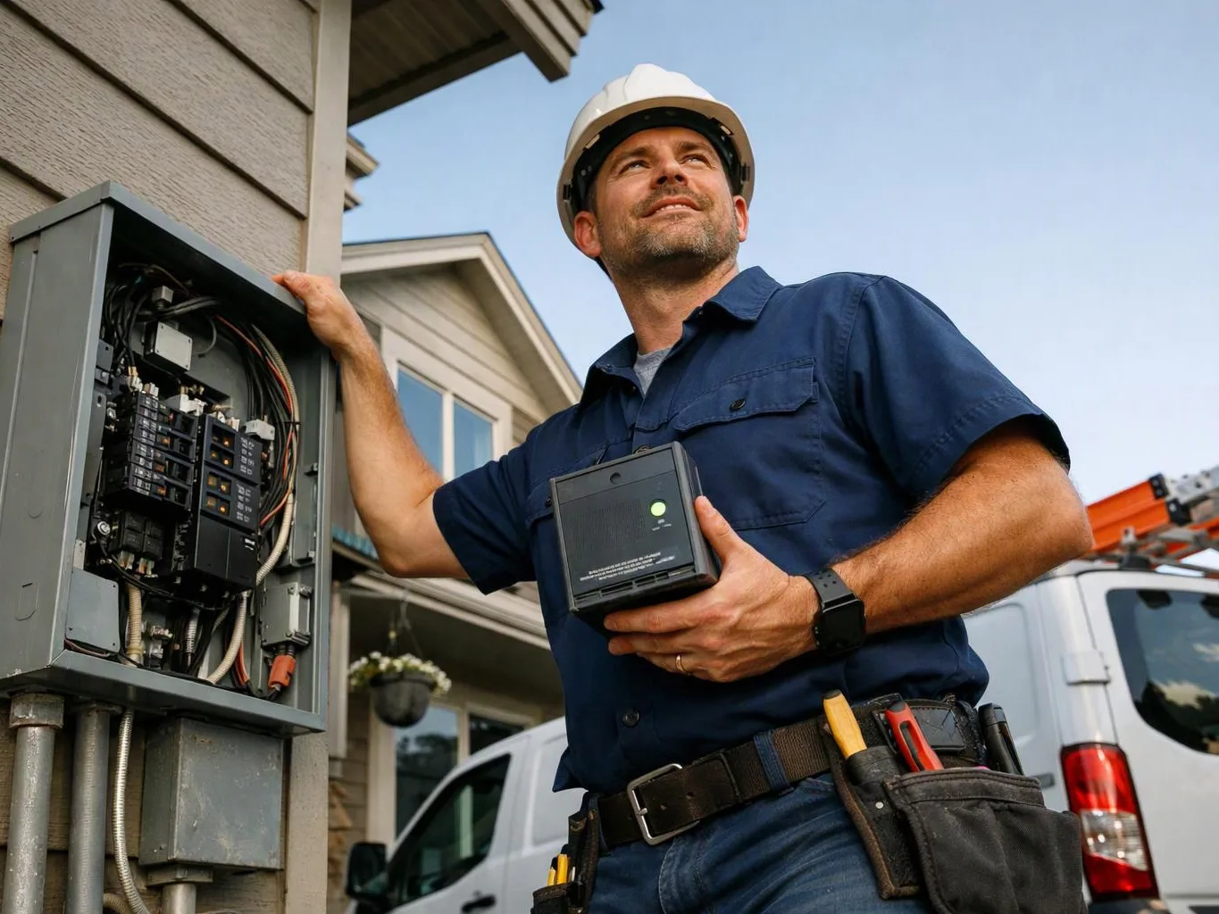 A hard hat worker inspects an open electrical panel beside a house while holding a small device
