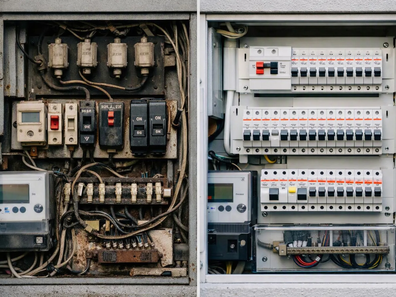 A split electrical panel shows tangled old wiring on the left and neat new circuit breakers on the right