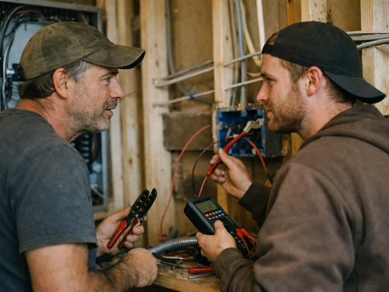 Two men work on electrical wiring inside a unfinished room, holding tools and a cable tester