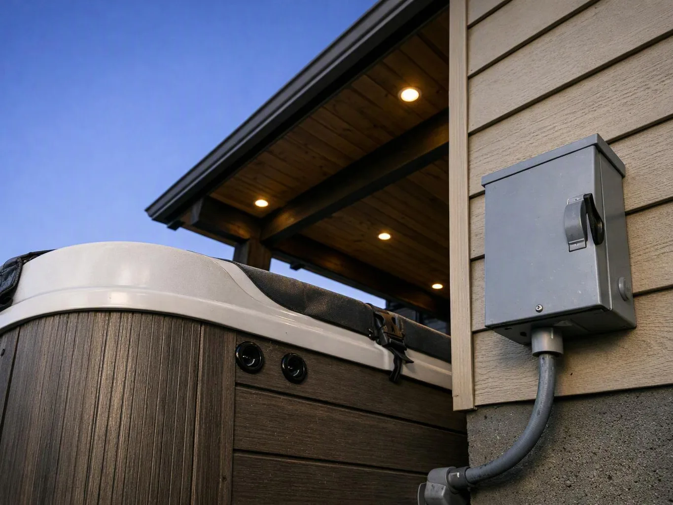 A hot tub sits beside a house wall under a lit porch roof, with an electrical box mounted nearby