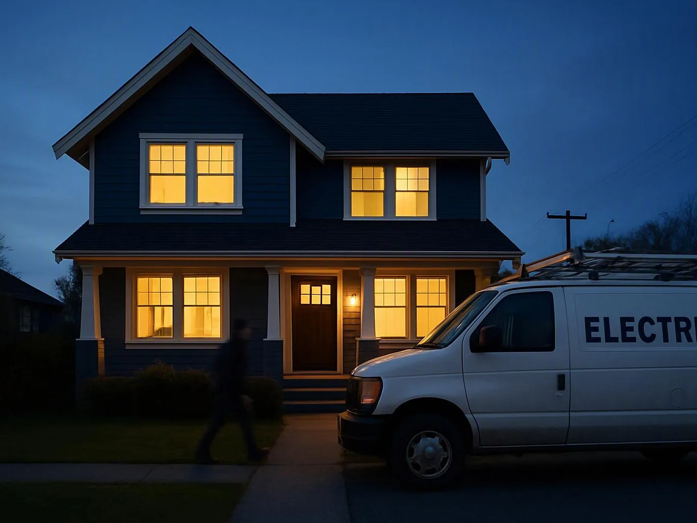 A lit two-story house at dusk stands beside a white service van, with a person walking past the driveway