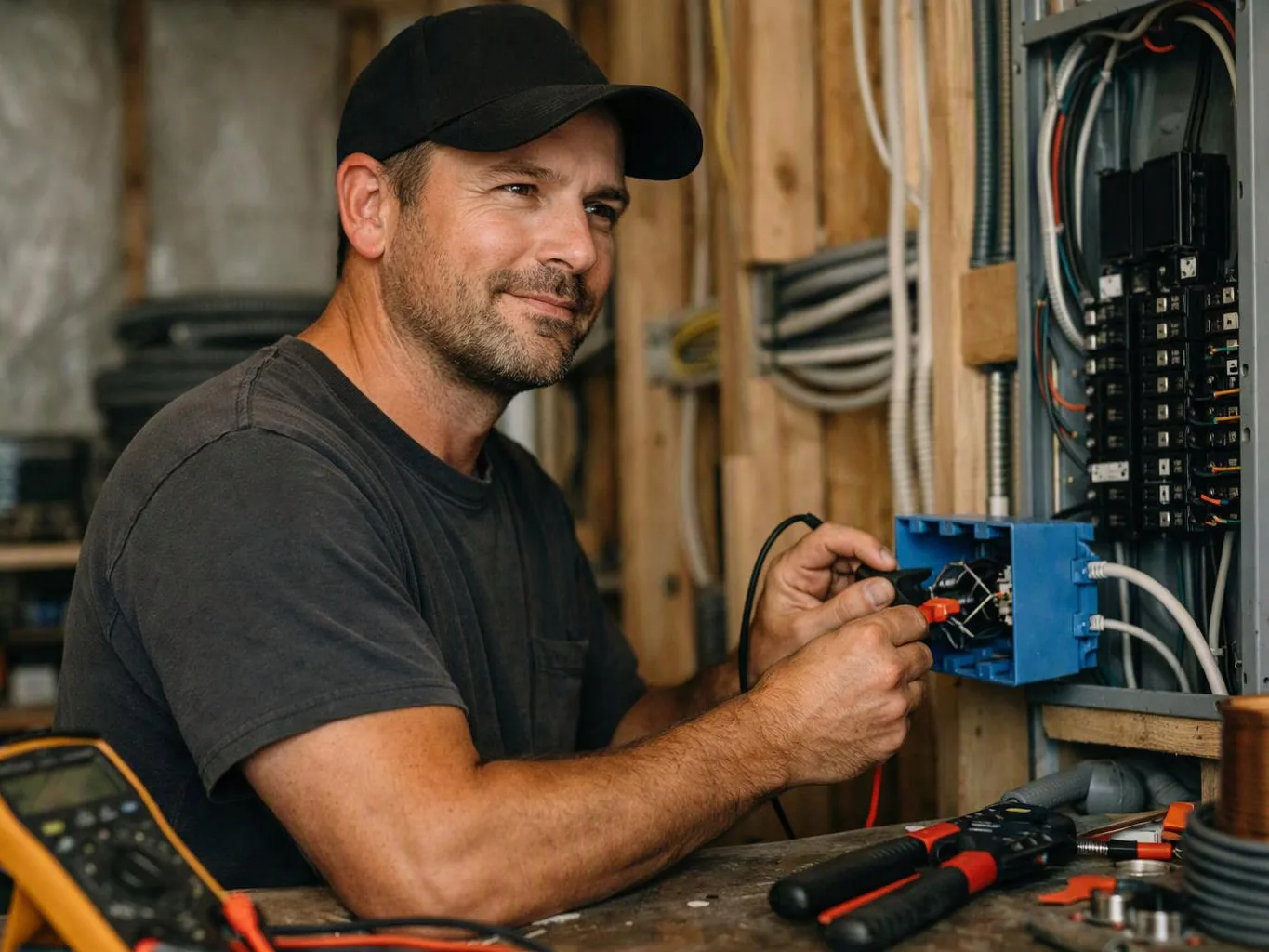 A man in a black cap wires an electrical panel inside an unfinished room
