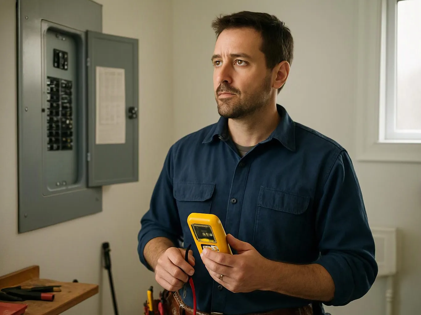 A man in a blue shirt holds a yellow multimeter beside an open electrical breaker panel in a bright room