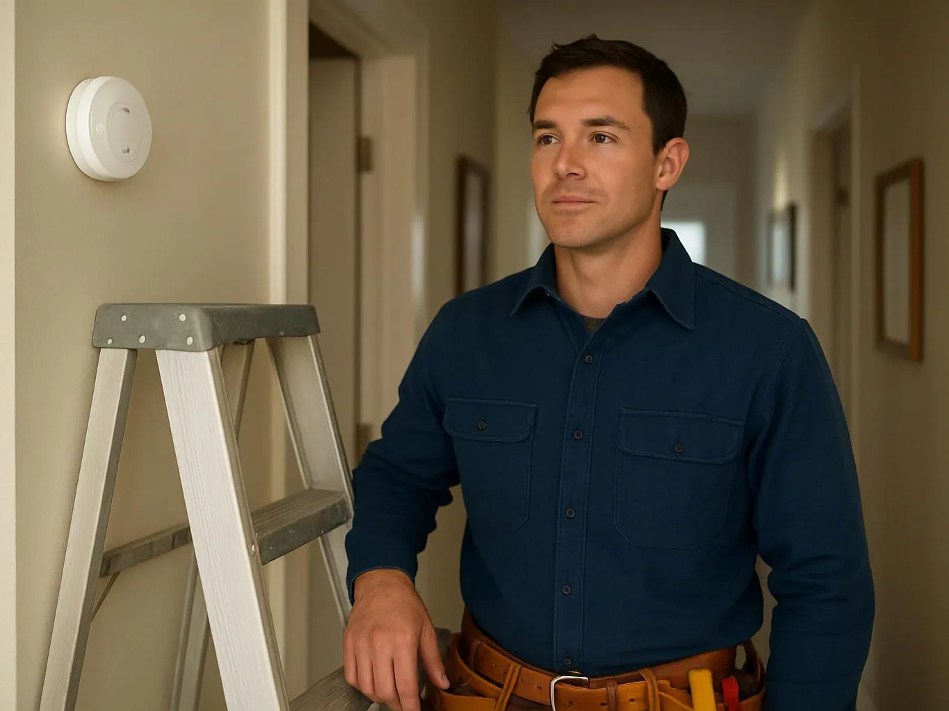 A man in a blue shirt stands beside a ladder in a hallway near a wall-mounted smoke detector