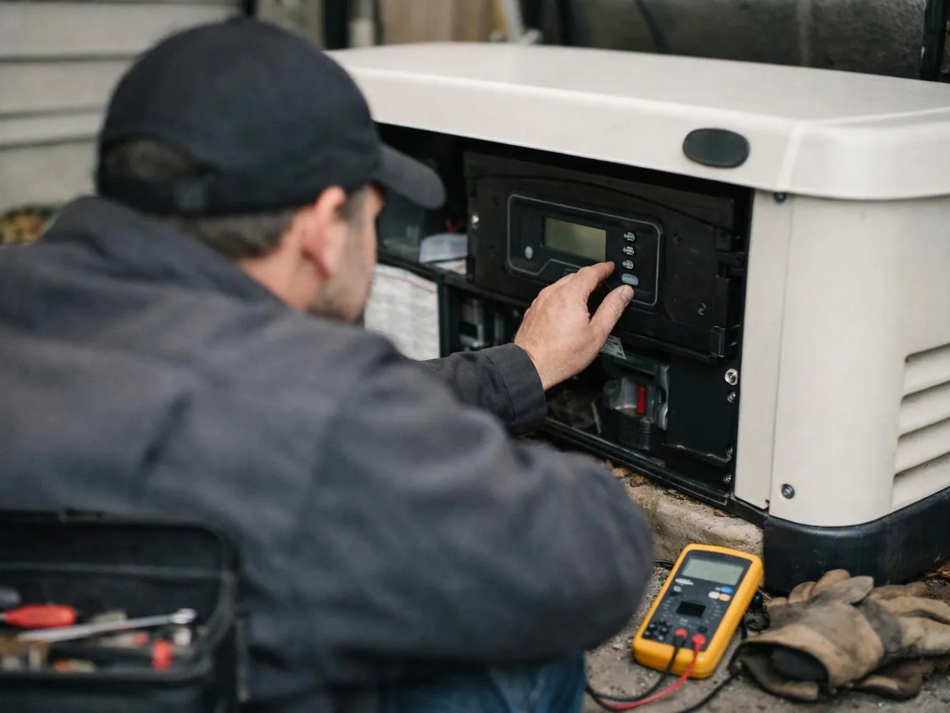 A man in a cap adjusts a generator control panel beside a yellow meter and work gloves