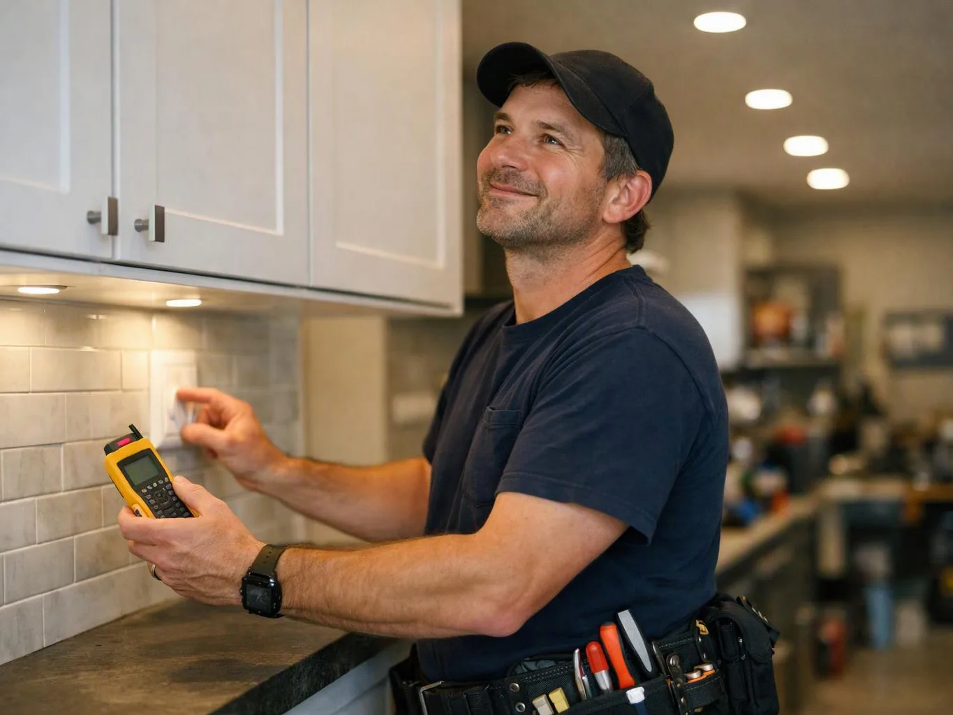 A man in a cap checks a wall outlet with a handheld meter in a kitchen with cabinets and tile backsplash