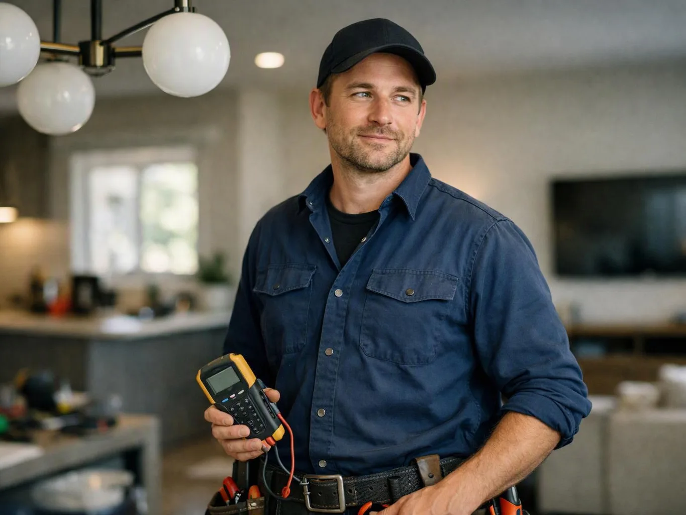 A man in a cap holds a digital meter inside a modern, softly lit room