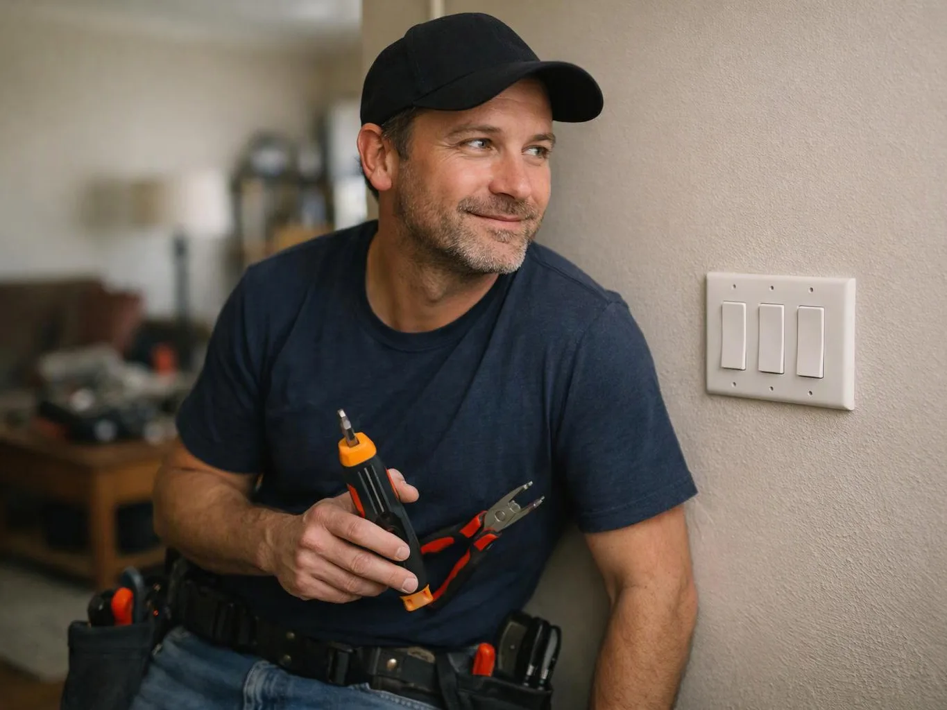 A man in a cap holds tools beside a wall with a three-switch light panel