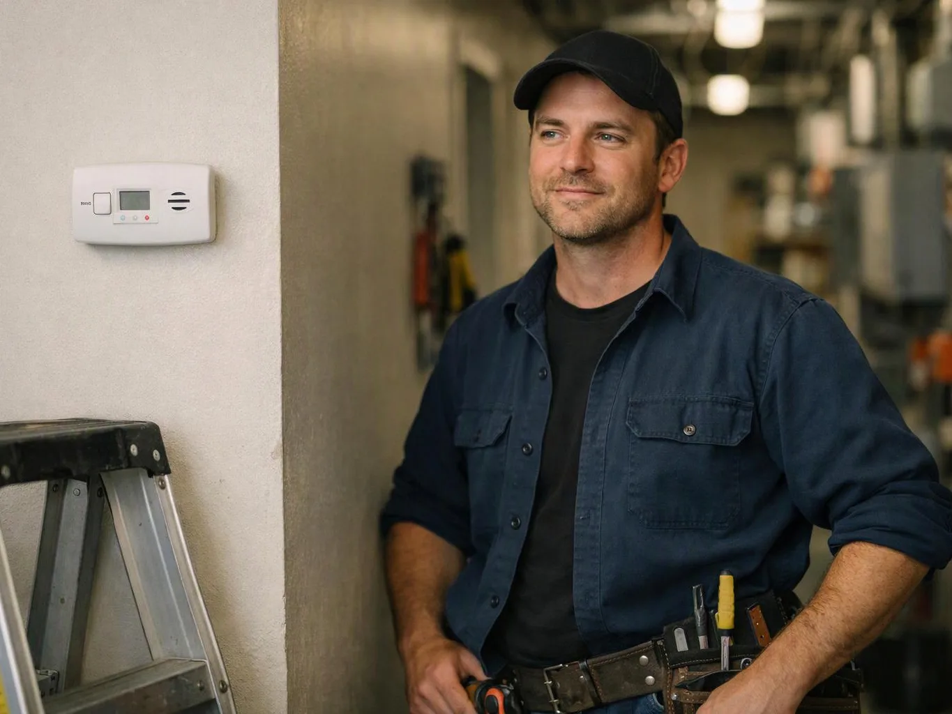 A man in a cap stands by a wall thermostat and a ladder in a workshop hallway