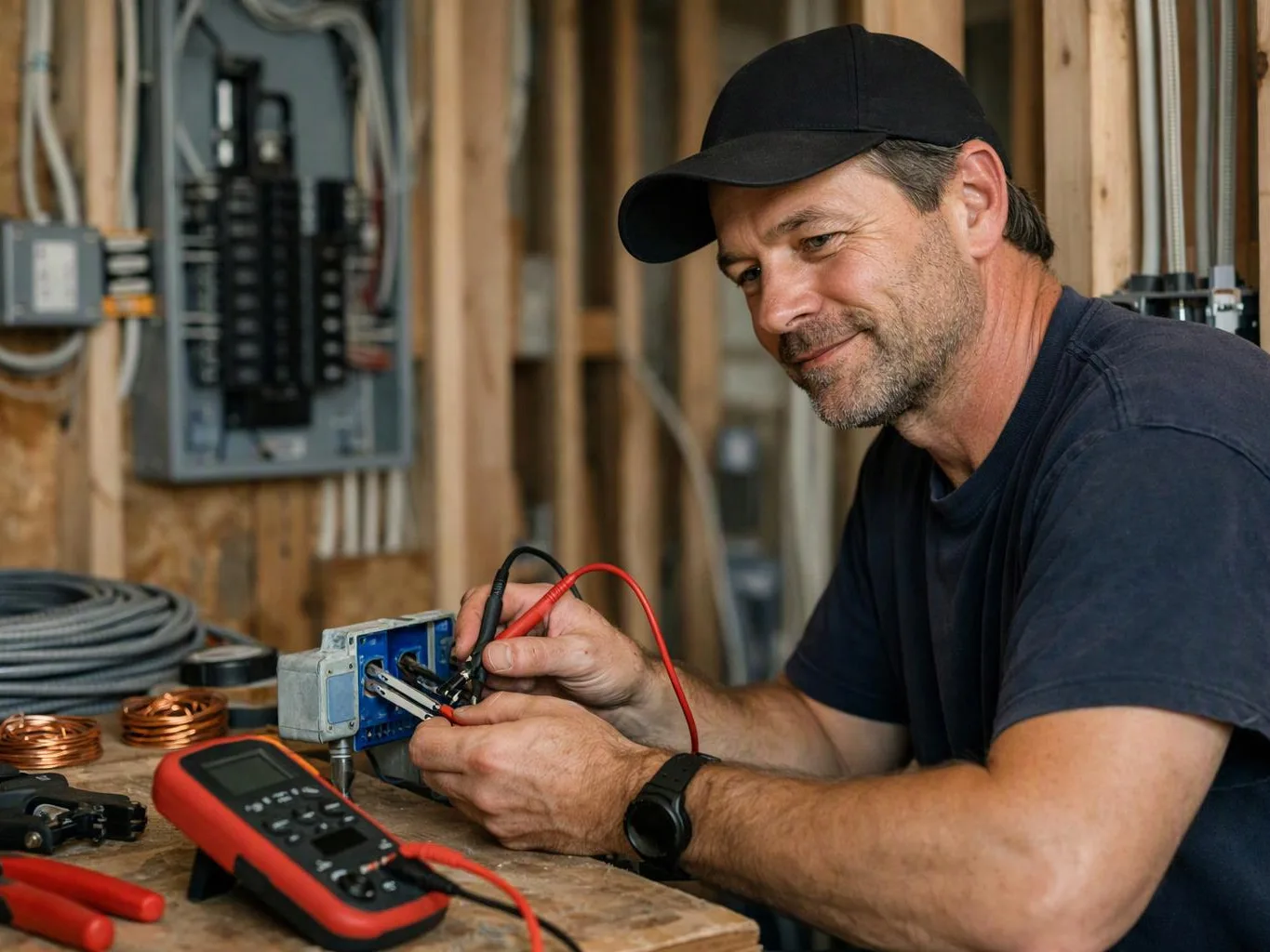 A man in a cap tests electrical wiring at a workbench with tools and exposed wall framing nearby