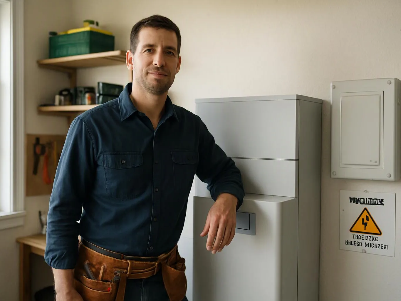 A man in a dark shirt leans on a gray cabinet in a tidy workshop with shelves and wall panels