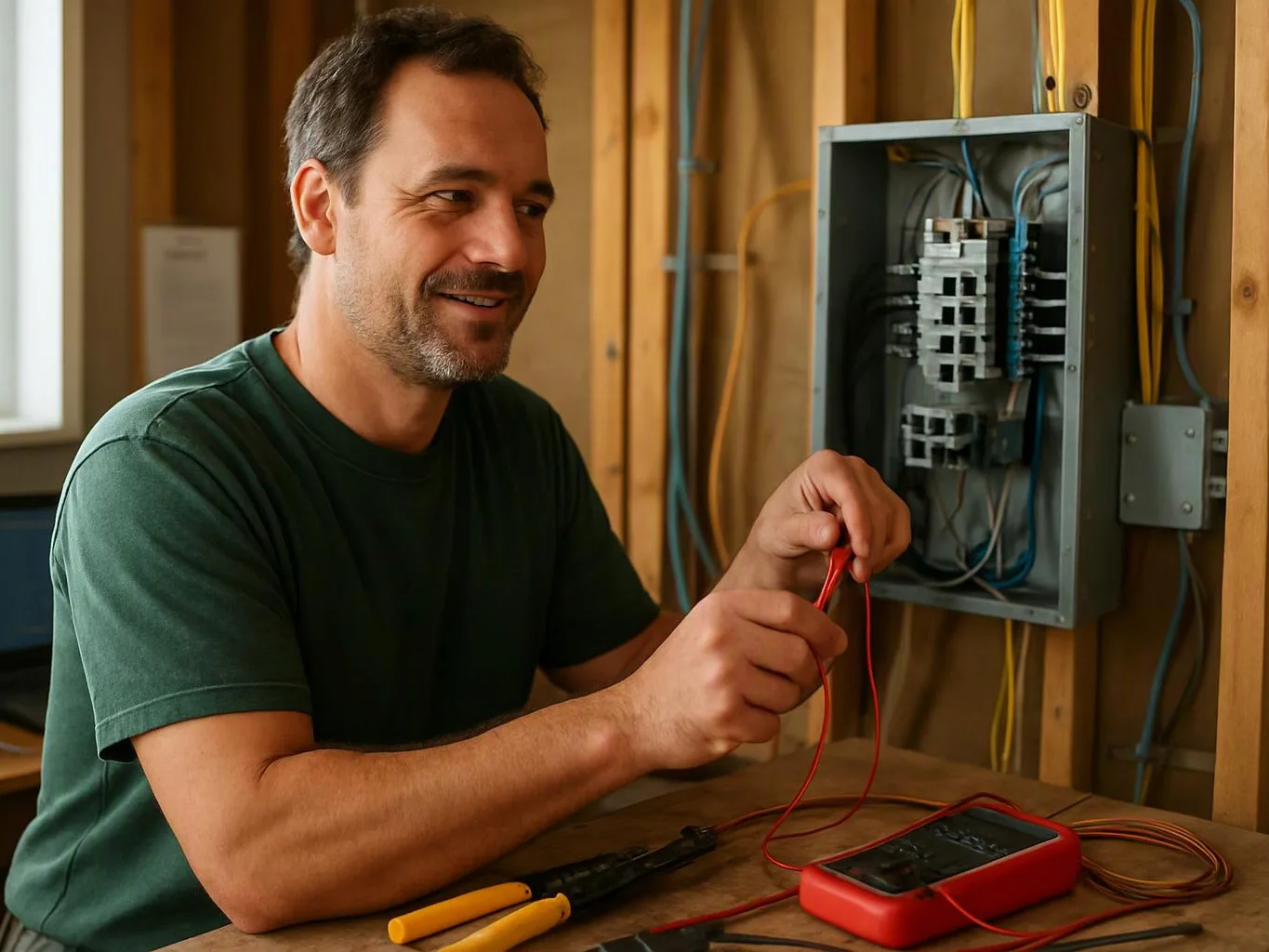 A man in a green shirt tests electrical wiring beside an open breaker panel in a wooden room