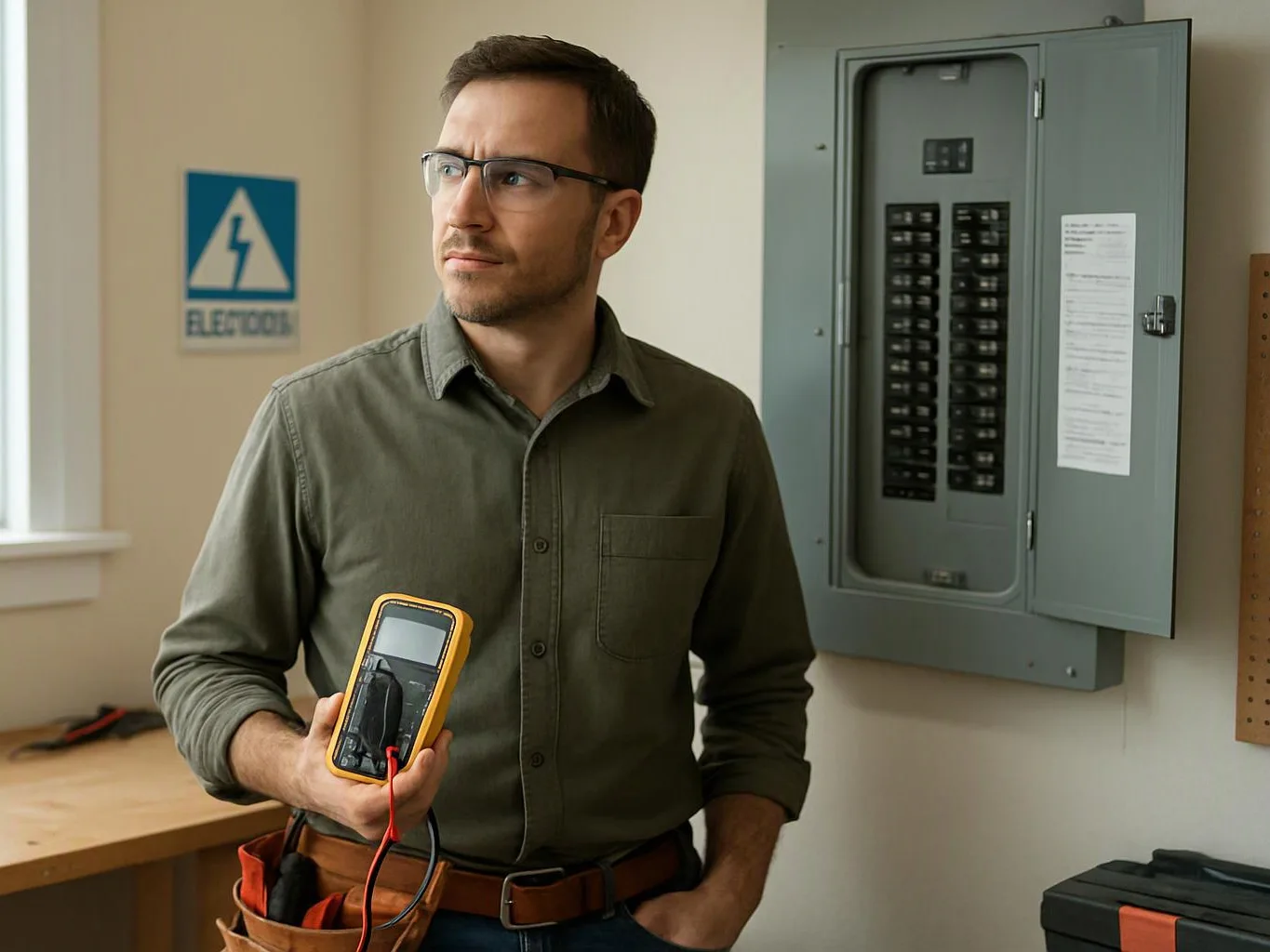 A man holds a yellow multimeter beside an open electrical breaker panel in a workshop-like room