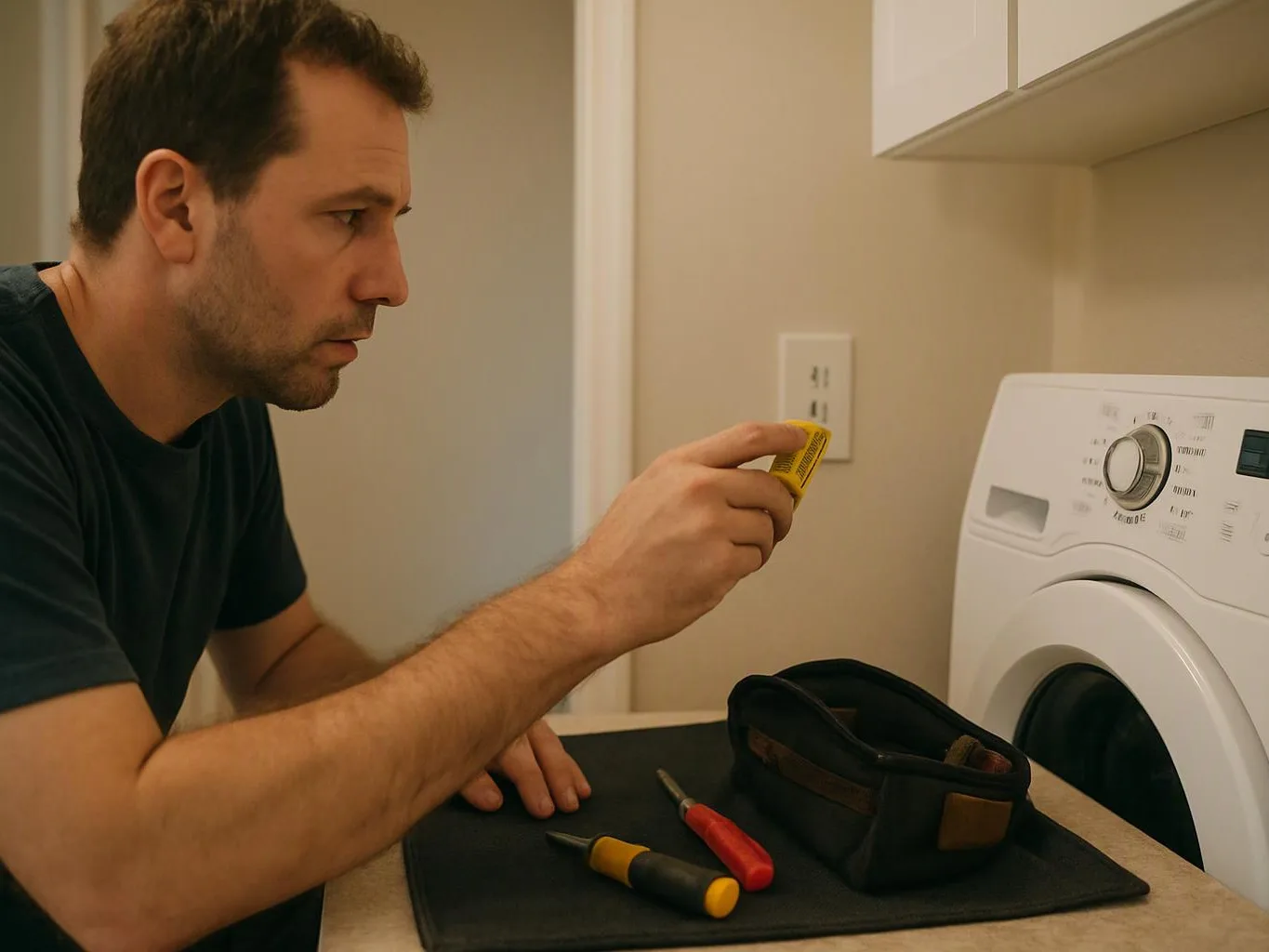 A man inspects a yellow tape measure beside a washing machine, with tools on the counter in a laundry room